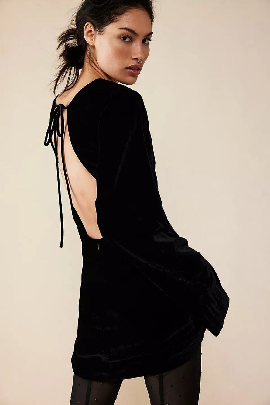 New Free People Chelsey Mini Dress VELVET $128 SMALL Black Open Back Long-Sleeve